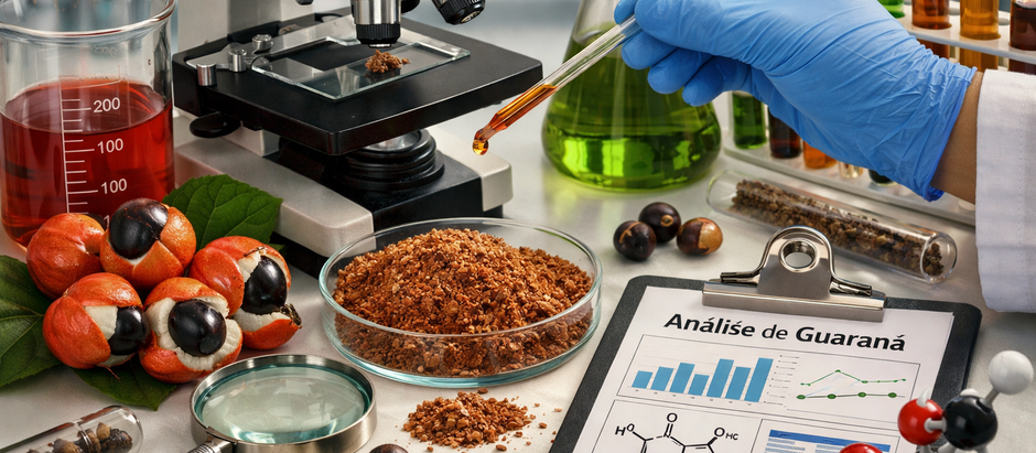 Sementes de guaraná com destaque para estrutura química da cafeína e análise laboratorial.