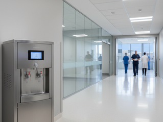 Corredor hospitalar moderno e iluminado com foco em instalações de água higienizadas.