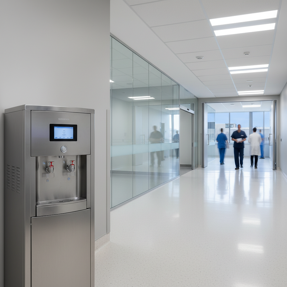 Corredor hospitalar moderno e iluminado com foco em instalações de água higienizadas.