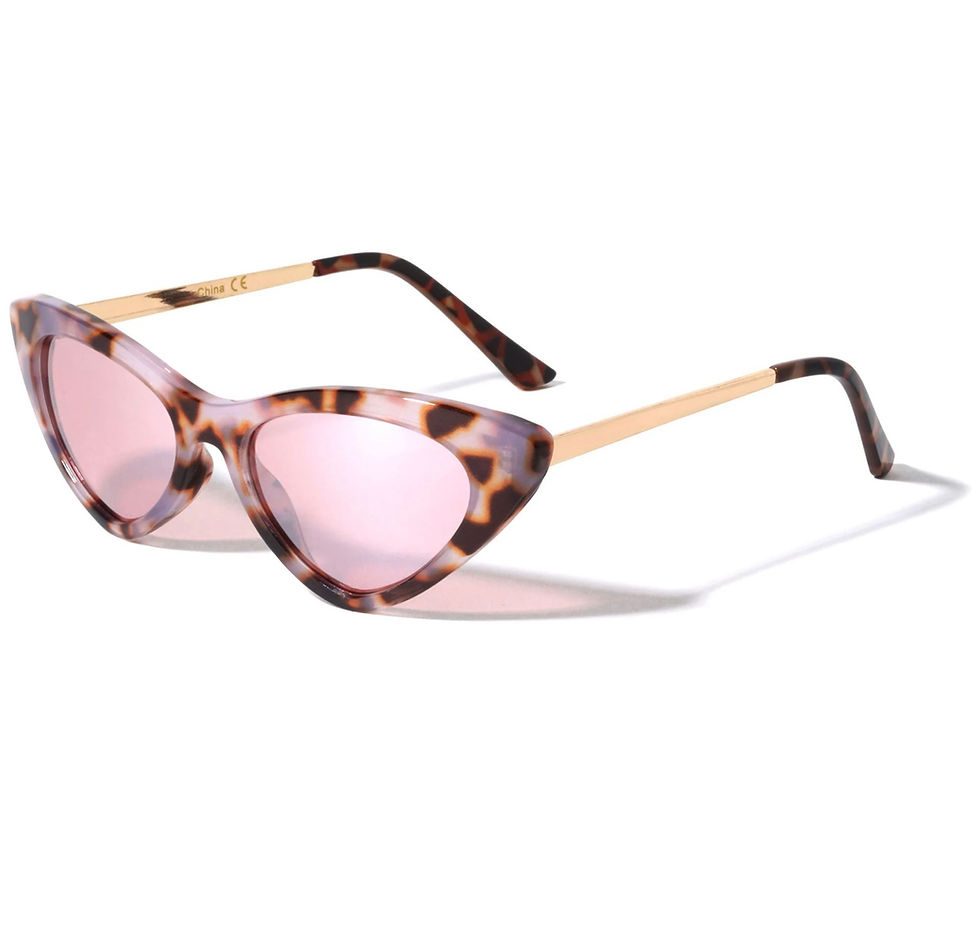 Slim cat-eye sunglasses: Pastel purple tortoise frame, pink lenses, and gold-tone metal arms