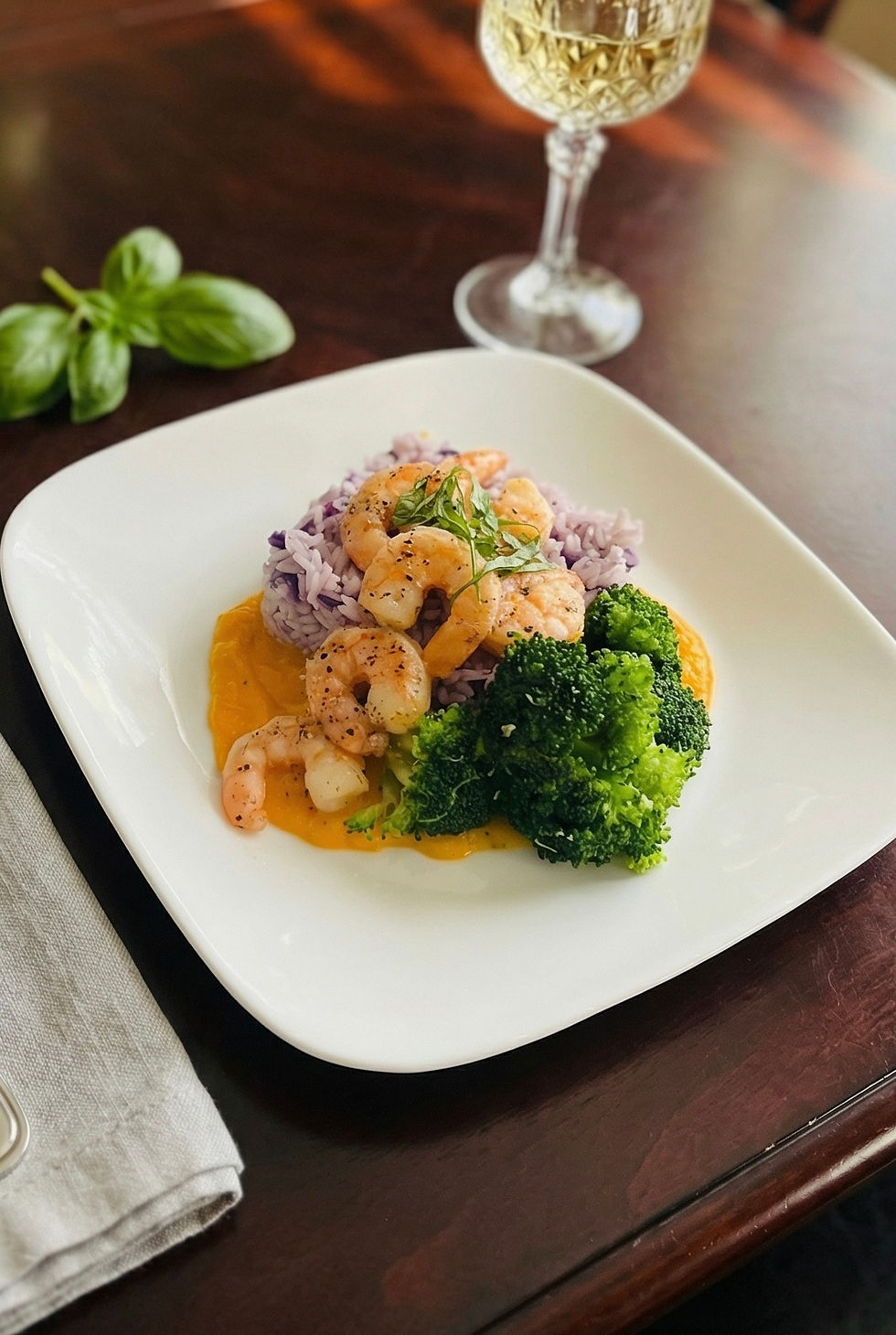 Shrimp Purple Rice Broccoli Butternut