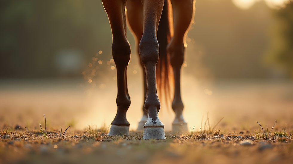 Close-up view of a horse’s strong legs standing on soft ground