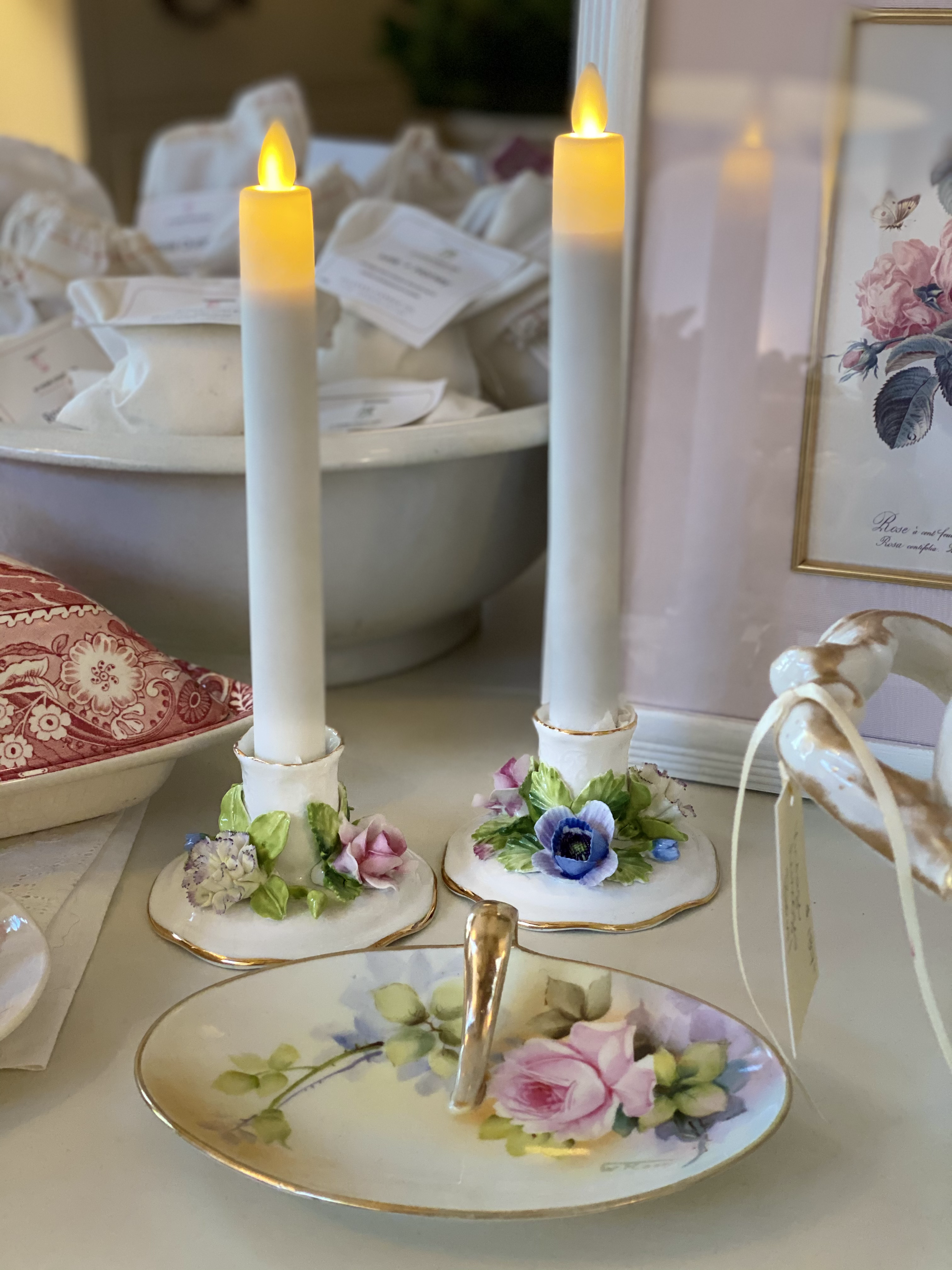 Pair Vintage Floral Candle Holder and Dish
