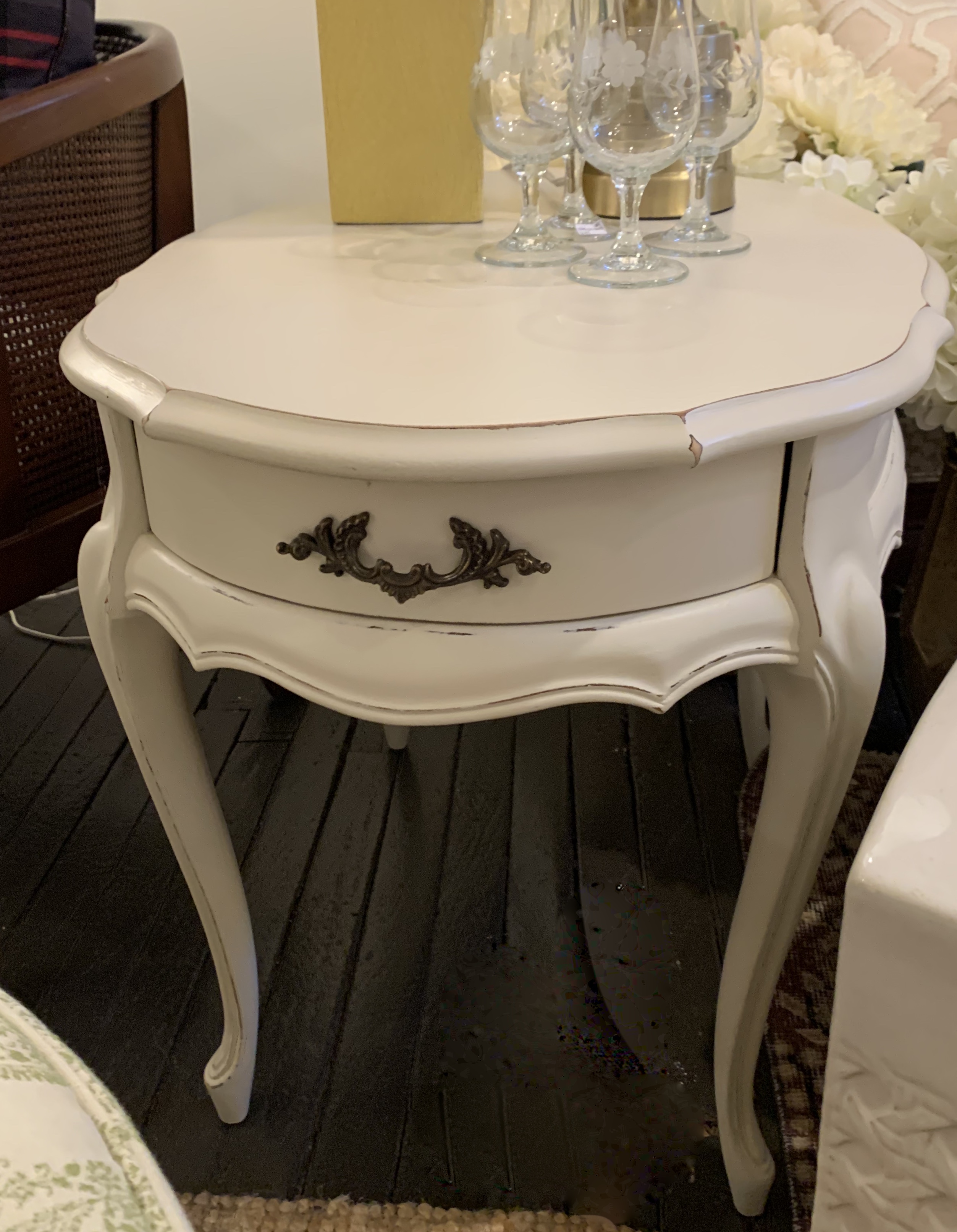 Vintage Painted Oval End Table with Draw
