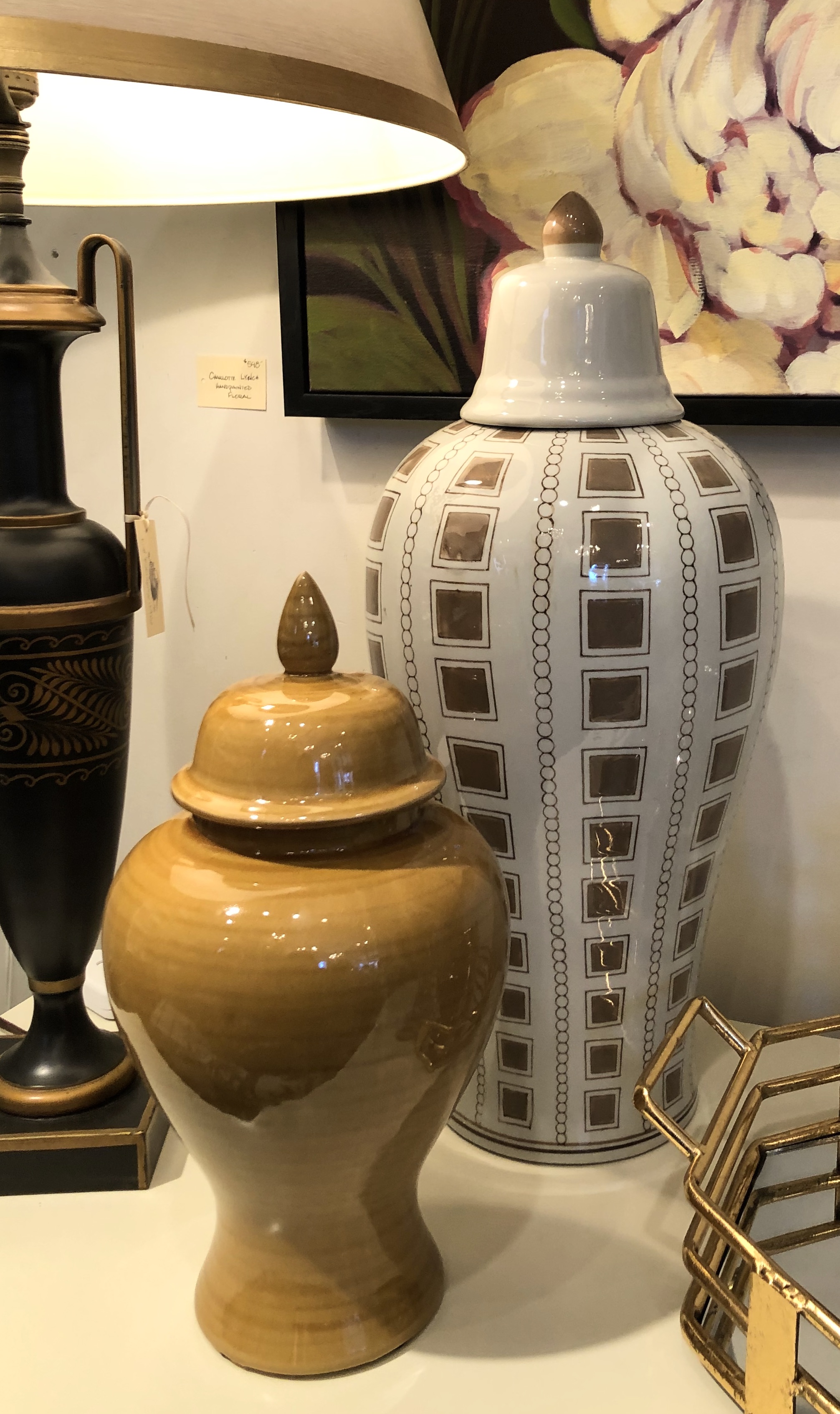 Lg and Small Decorative Gold Ginger Jars