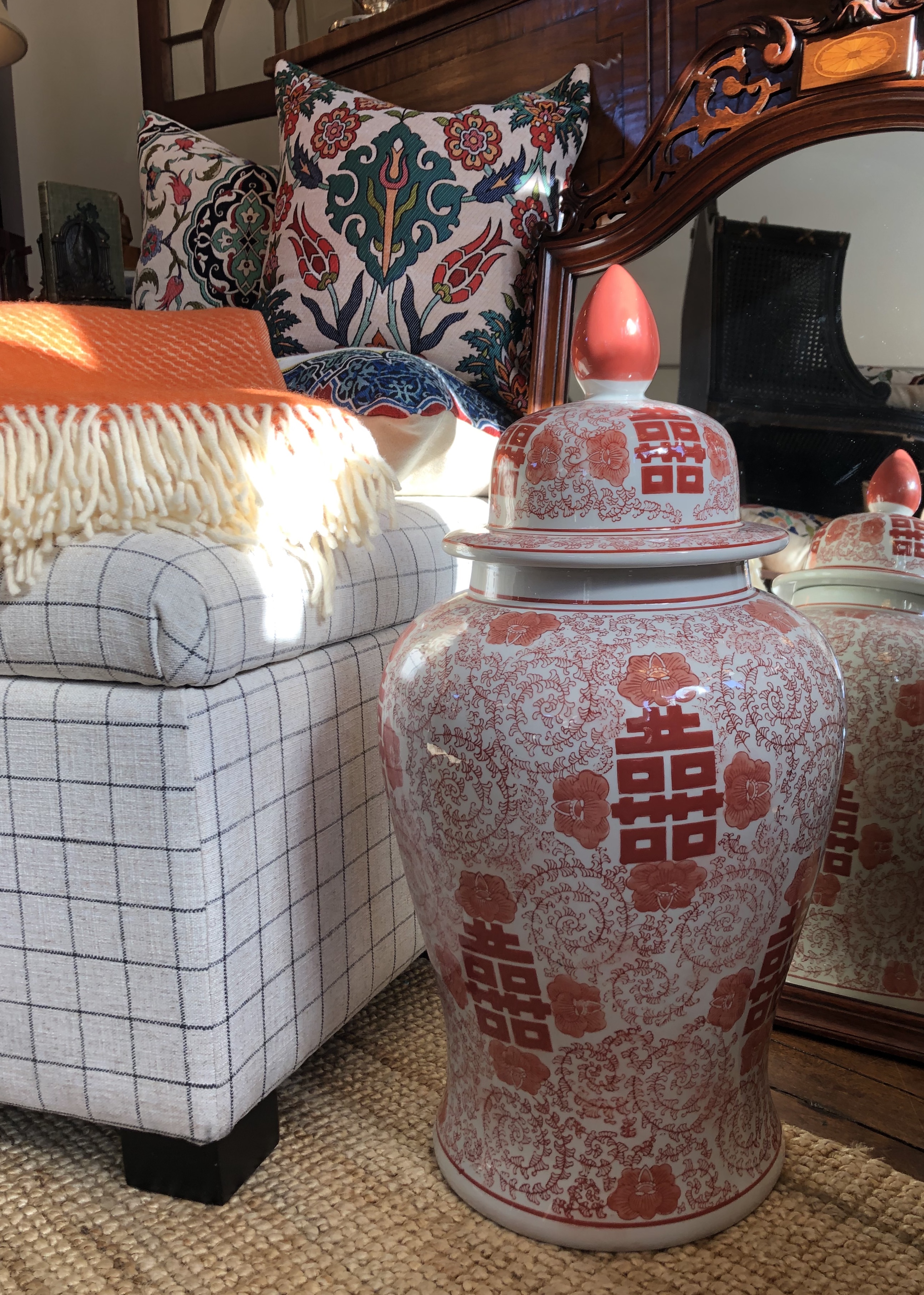 Large Coral Chinoiserie Urn