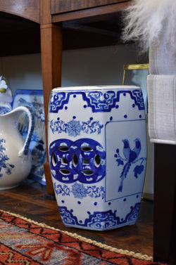 Short Blue and White Garden Stool