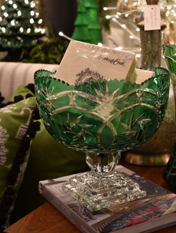 Vintage Green Cut Glass Footed Bowl