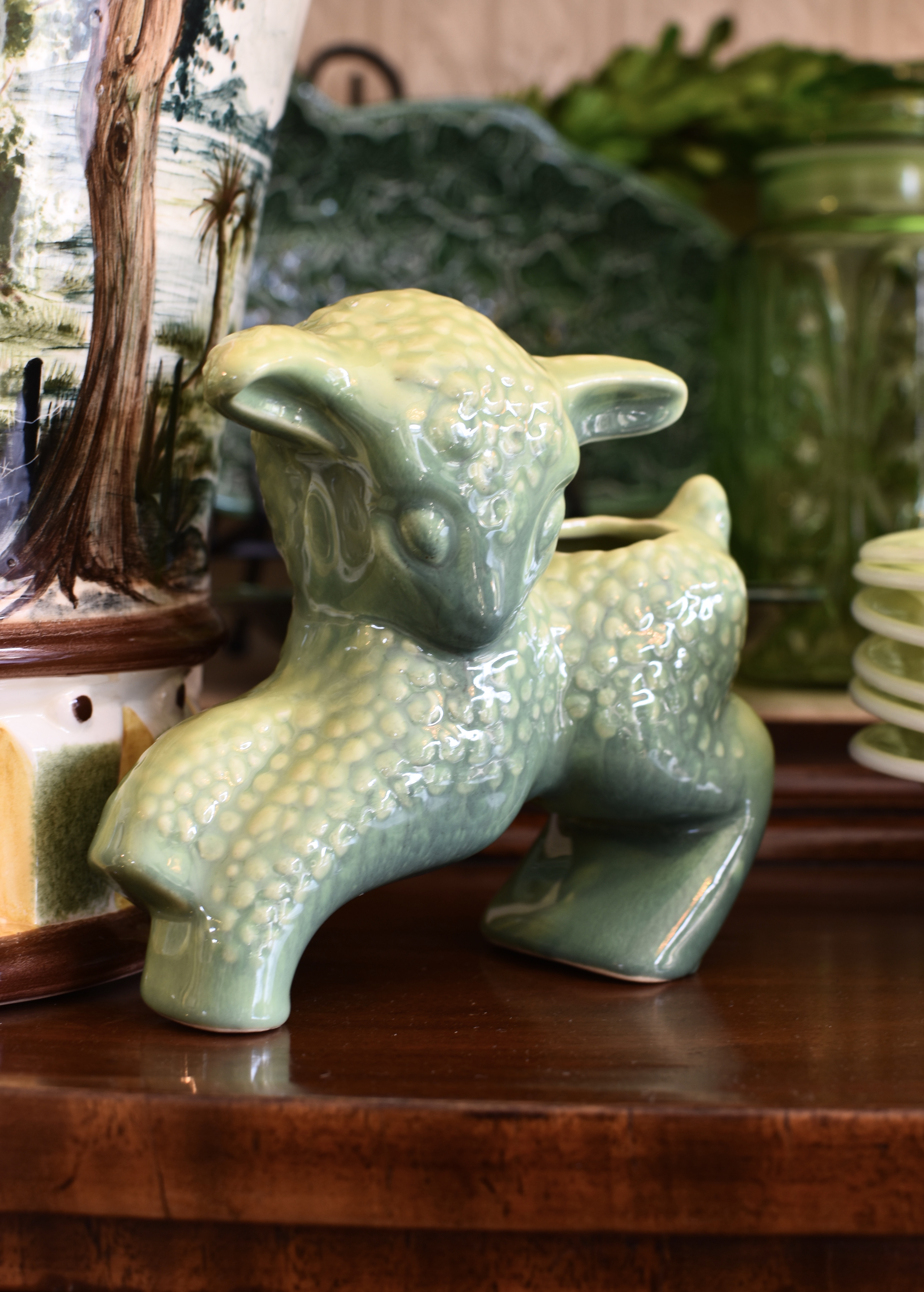 Vintage Green Glaze 1940s Pottery Lamb