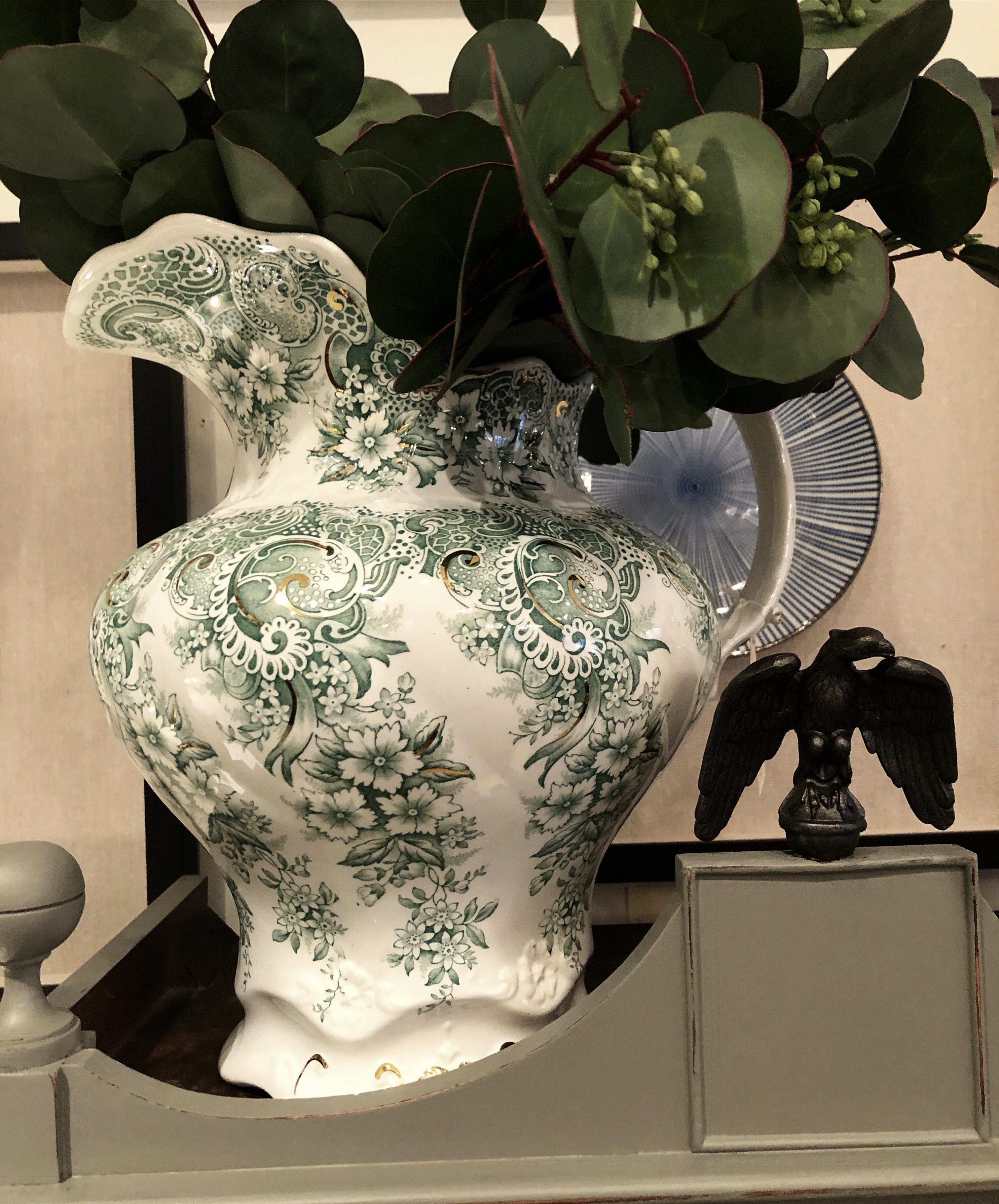 VIntage Green Transferware Ironstone Pit
