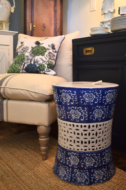 Blue & White Chinoiserie Stool with Lattice
