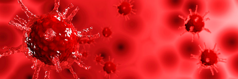 Red spiky virus-like particles in a blurry red background, conveying a sense of danger and urgency.