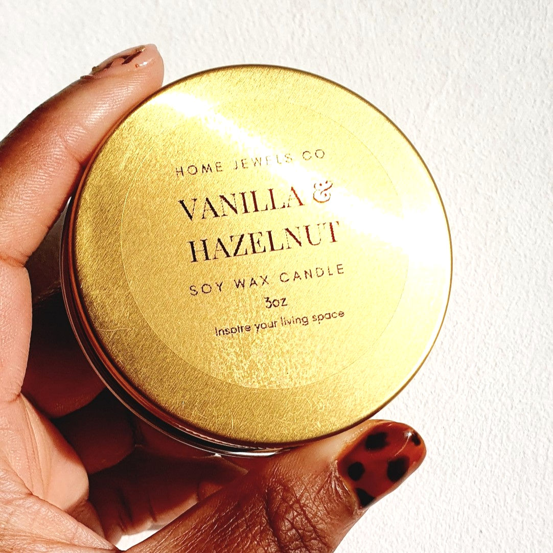 Gold Travel Candle Tin - Vanilla & Hazelnut Scented 3oz Candle - Home Jewels Co