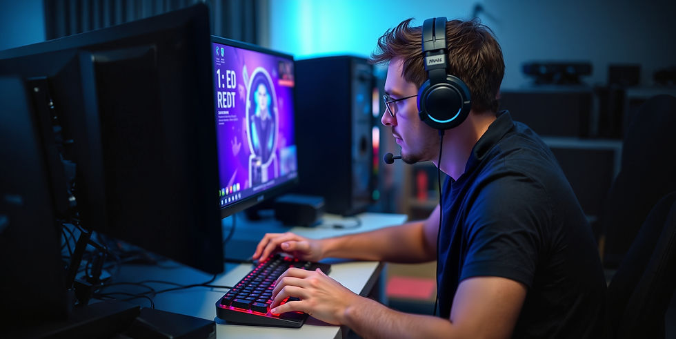 a man is using his gaming keyboard to play games on his pc. wearing a gaming headset..jpg