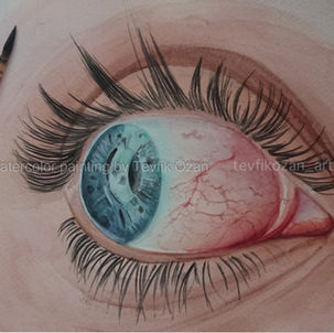Close-up watercolour painting of a blue human eye with detailed reflections and eyelashes by Tevfik Özan