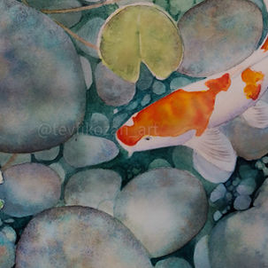 Realistic watercolor painting by Tevfik Özan of a koi fish swimming among textured stones and soft water reflections