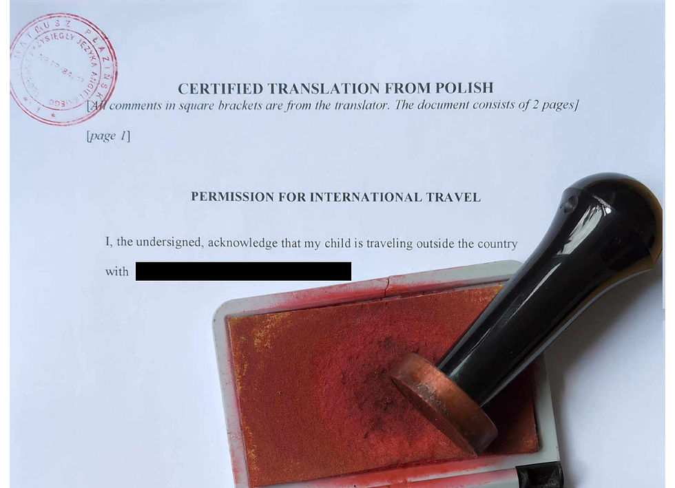 Tłumaczenie przysięgłe zgody na wyjazd dziecka za granicę – pieczęć tłumacza przysięgłego