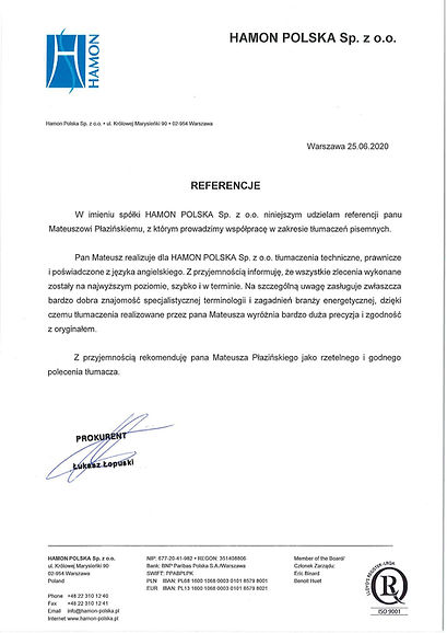 Pozytywna rekomendacja od klienta nr 3 dla tłumacza technicznego