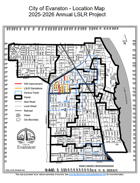 Map of City of Evanston for the 2025-2026 Annual LSLR Project showcasing specific roads that are Water Main Improvement and Standalone LSLR blocks.