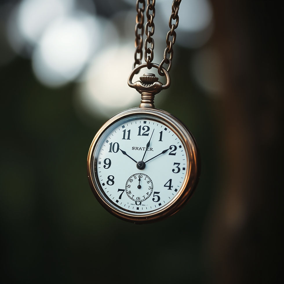 A vintage pocket watch with a visible chain hangs outdoors. The watch face shows the time with "SRATER" text. Background is blurred.