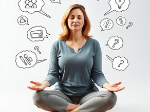 A woman in a blue top meditates, sitting cross-legged. Doodle thought bubbles with question marks and icons surround her, creating a calm atmosphere.