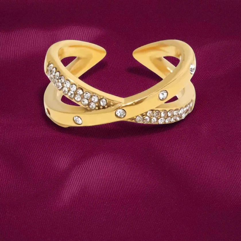 Miniature : Bague en acier titane ajustable - Croisée Dorée