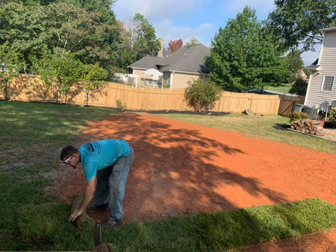 Freshly laid sod creating a lush green lawn in a backyard with a wooden fence and mature trees