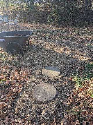 Pavers and mulch added to garden. two circular stone lead to a round garden raised up.
