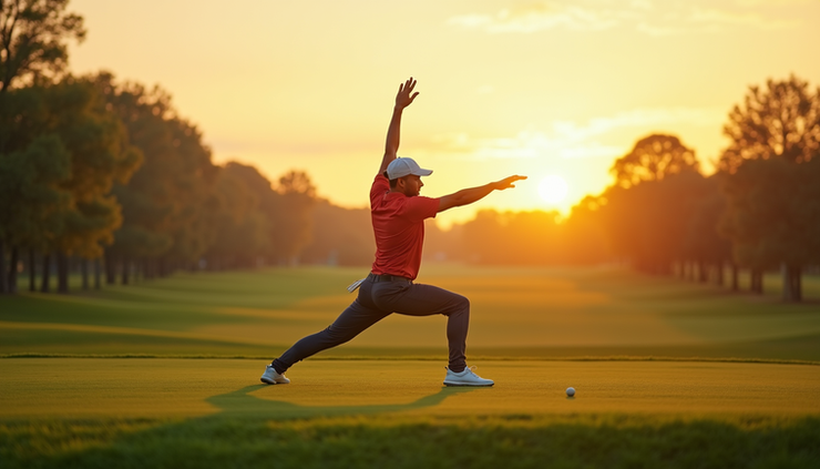 Eye-level view of a golfer practicing yoga pose on a green golf course