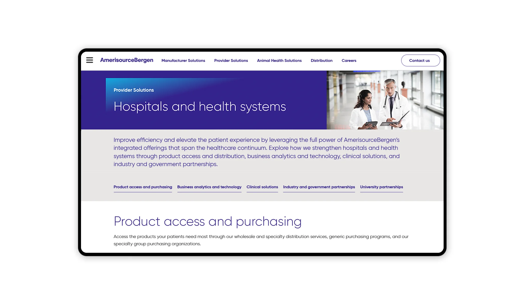 Flat tablet displaying a health systems website