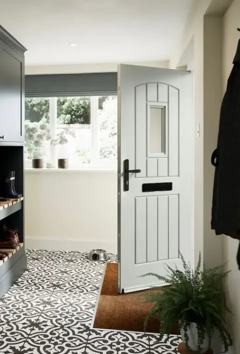 Rockdoor composite door in white with Victorian tiles