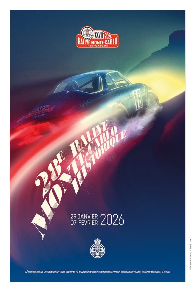 Official poster of the Rallye Monte-Carlo Historique in Monaco, classic cars arriving at Port Hercule during the historic rally