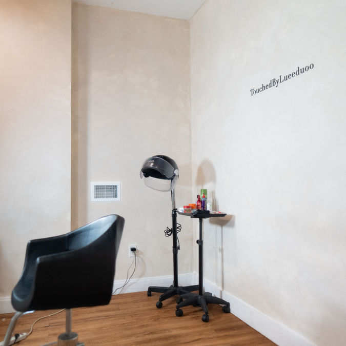 Hair salon station with dryer and chair