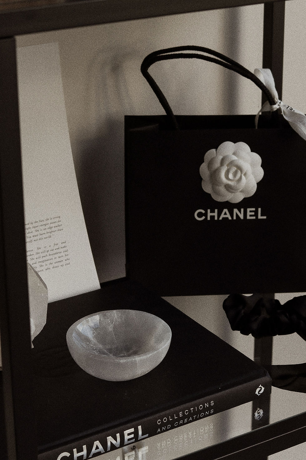 Chanel bag and bowl on shelf
