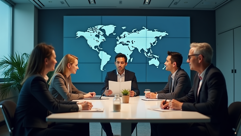 High angle view of a business meeting discussing AI integration