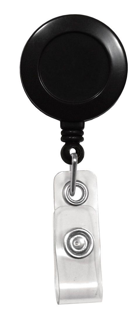 Thumbnail: Badge Reel, Black, Round Spring Clip Reel, No Sticker, Clear Strap, 34" Cord