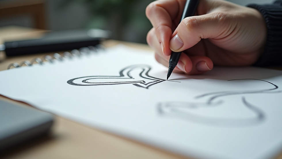 Close-up view of a designer sketching logo concepts on paper