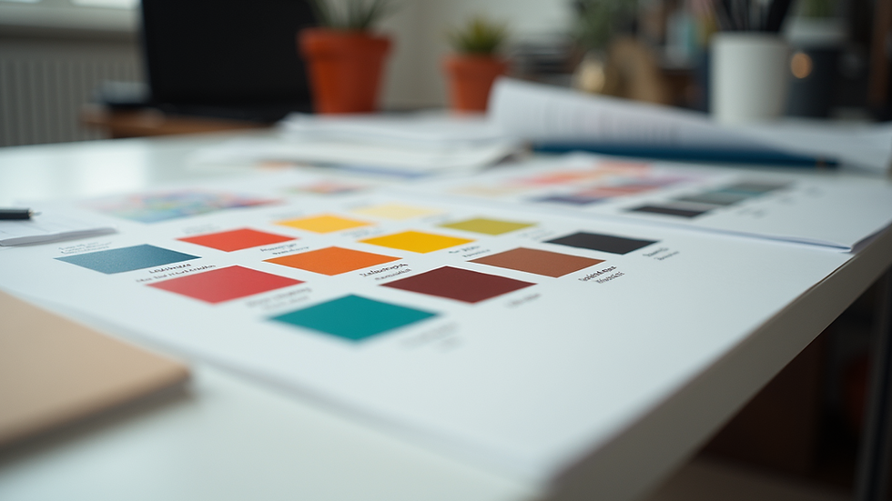 Eye-level view of a designer’s workspace with color swatches and typography samples