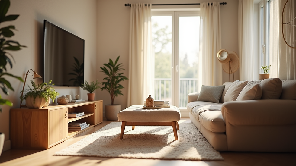 Eye-level view of a cozy living room with soft natural light