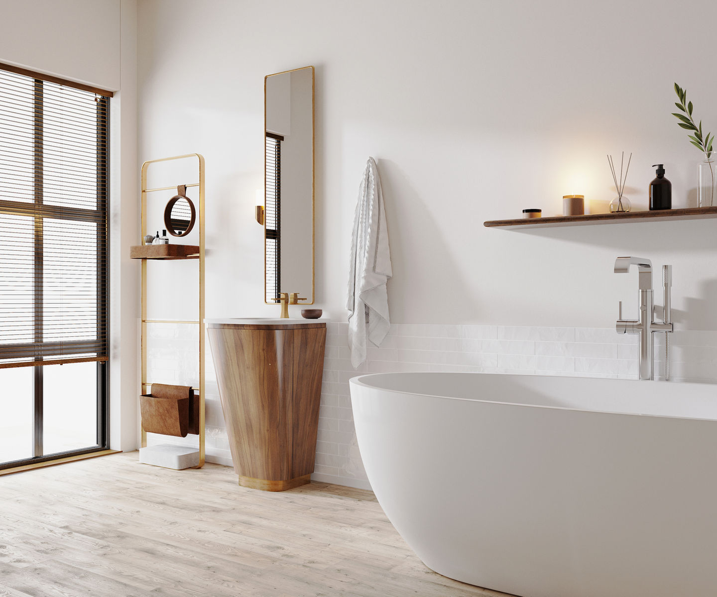 Modern bathroom with a white bathtub, wooden cabinet, and large window.