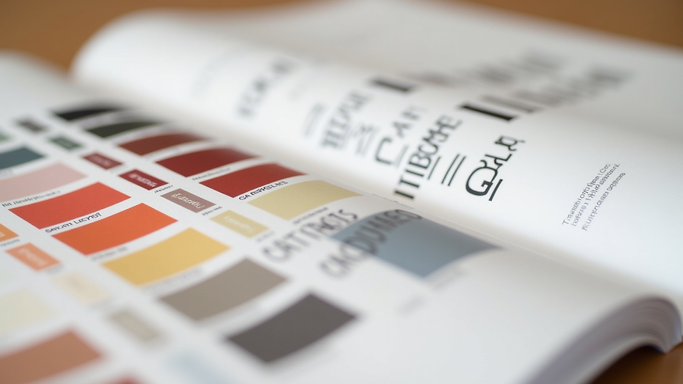 Close-up view of a brand style guide showing color swatches and typography