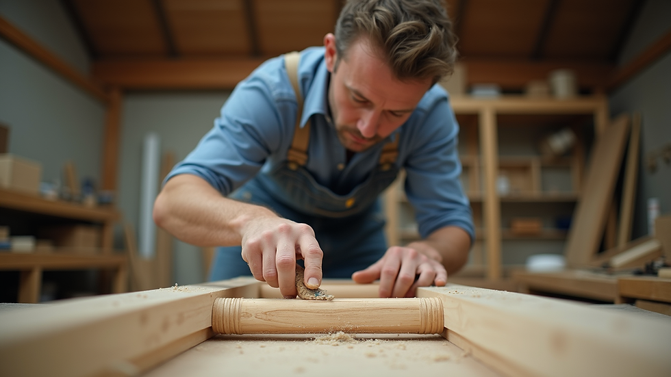 Eye-level view of a craftsman shaping a wooden furniture frame in a workshop