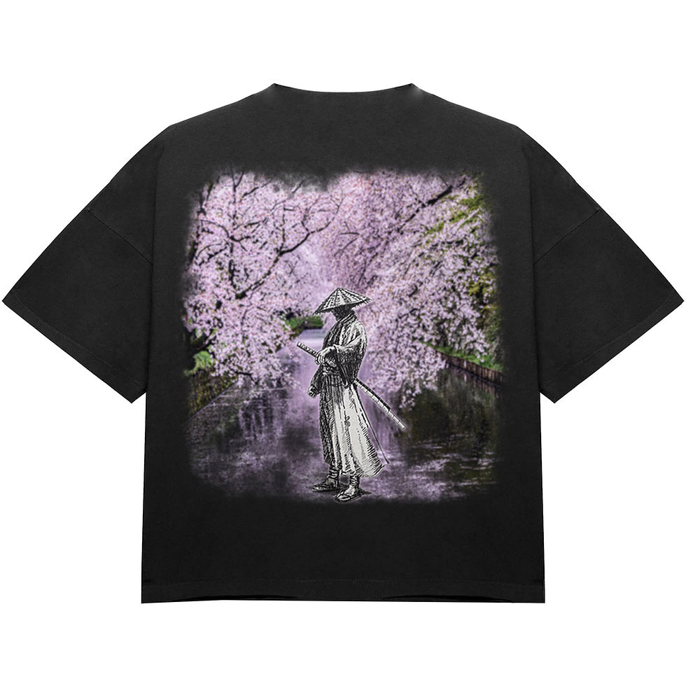 Black t-shirt with samurai standing under pink cherry blossom trees.