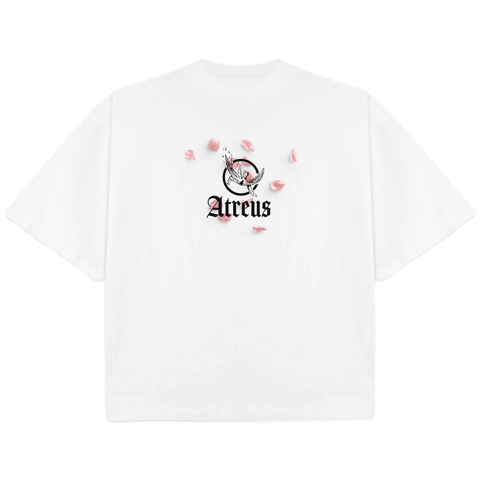 White t-shirt with Atreus logo and scattered pink cherry blossom petals.