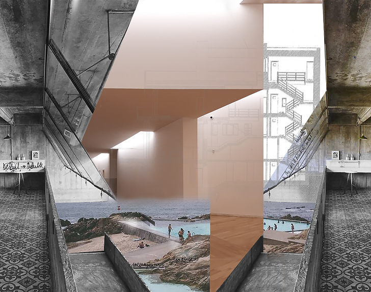 Collage met werken van Adolf Loos (Villa Müller section), Mendes Da Rocha and Álvaro Siza met persoonlijke notes over de lezing van Siza and Frampton