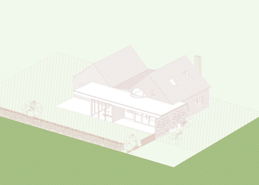 Vanuit vogelperspectief wordt zichtbaar hoe de uitbreiding het bestaande volume omarmt en samenbrengt tot één coherent geheel. Het nieuwe volume blijft ingetogen en rechtlijnig, zodat het bestaande kan spreken. De kracht ligt niet in het overtreffen, maar in het harmoniseren en verfijnen van details. Verzonken raamopeningen, een doorlopende stenen vloer van binnen naar buiten, en de uitgesproken dakoversteek vormen een spel van licht, schaduw en materialiteit. Welbepaalde openingen verbinden oud en nieuw, binnen en buiten, 1900 en 2025: een nieuw hoofdstuk in het verhaal van de woning, met respect en panache in Heusden- Zolder.