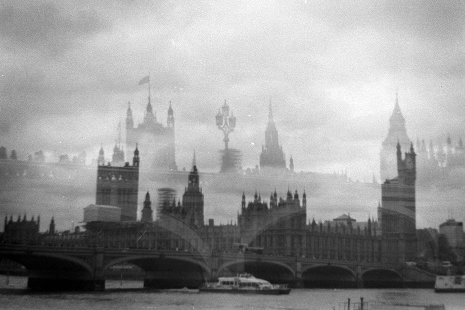 monochrome double film exposure of Palace of Westminster and Westminster bridge