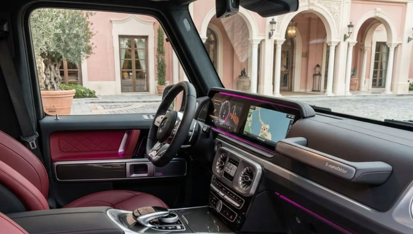 Passenger-side interior view looking towards driver area of Mercedes-AMG G63, showing flat-bottom steering wheel, digital displays and premium dashboard, Marbella luxury car rental