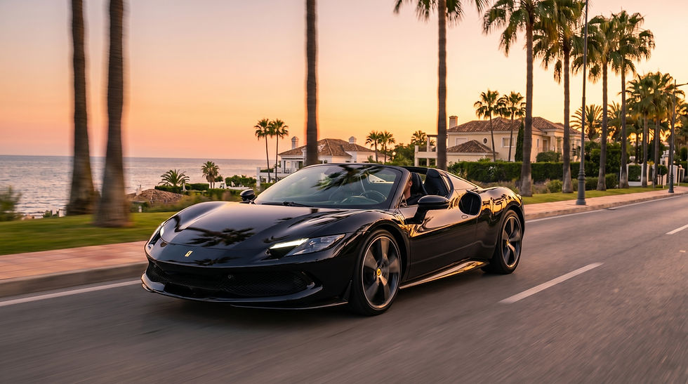 Ferrari 296 GTS convertible driving on Marbella's Golden Mile at sunset