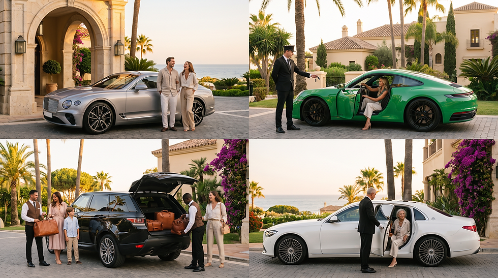Luxury cars outside a five-star Marbella hotel representing different holiday styles including couples, families, VIP travel and scenic driving.